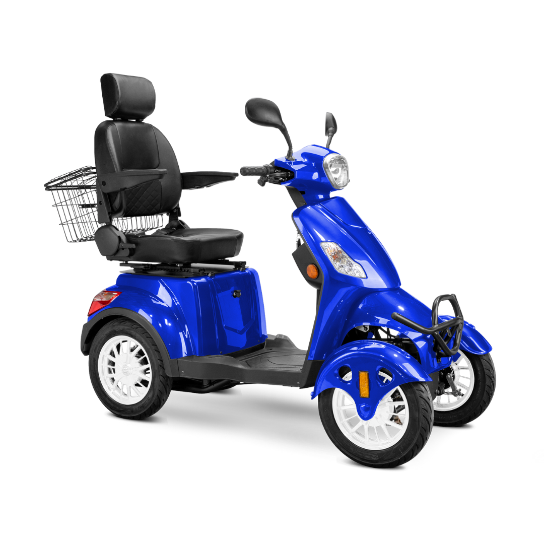 The Bespoke Prestige Recreational 4-Wheel Scooter offers comfortable personal transportation with an adjustable black cushioned seat, armrests, headrest, and a rear metal basket.